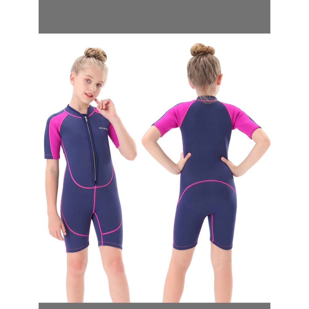 Seaskin Wetsuit Girls Size 6 Navy Blue Pink Excellent Shorty Front Zip Short Slv